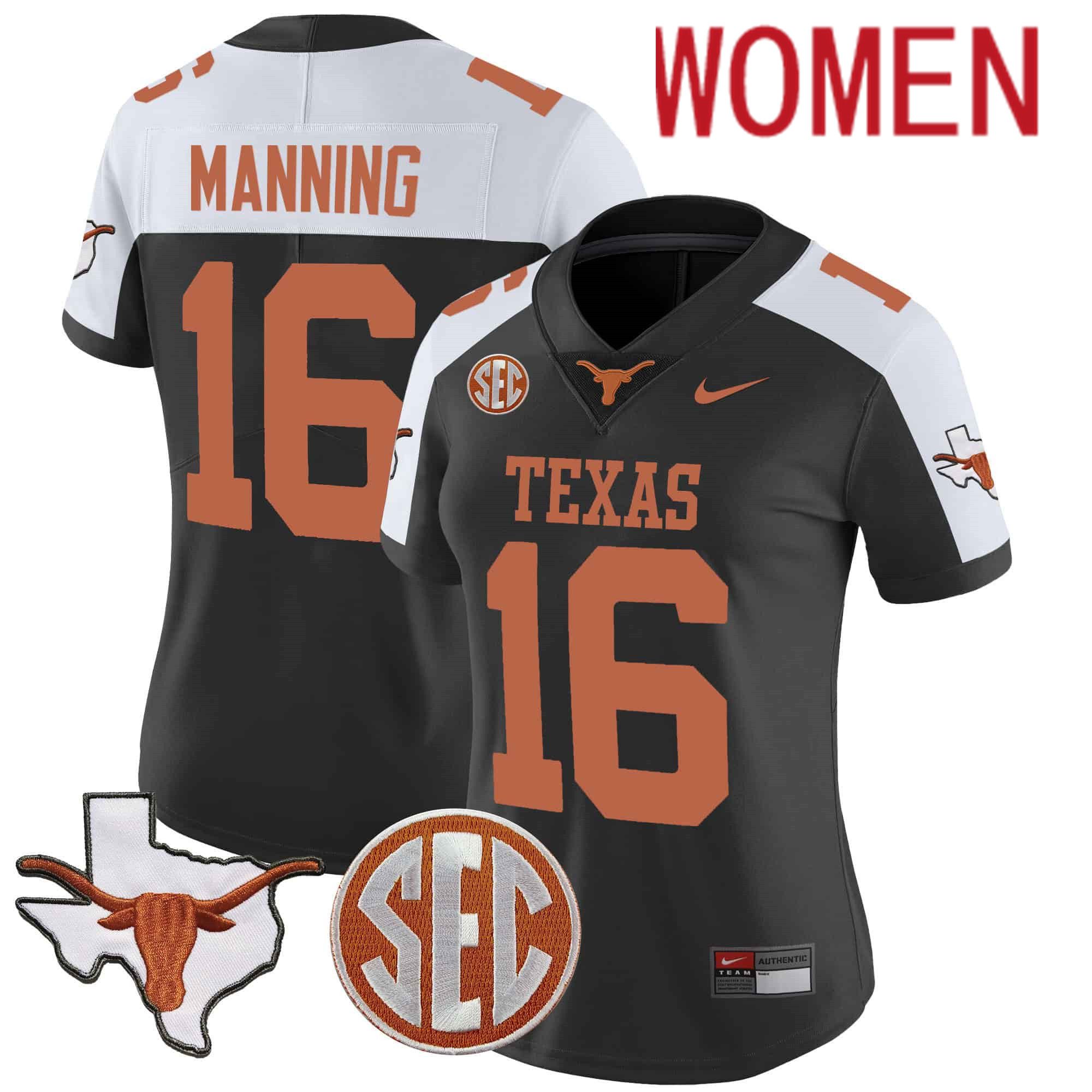 Women Texas Longhorns #16 Manning Black 2024 Nike State Map & SEC Patch Vapor NCAA Jersey